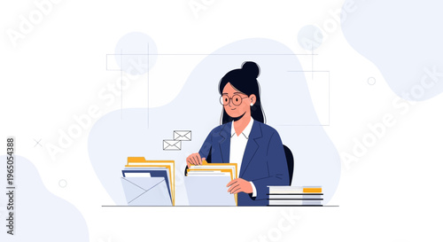 Woman organizing files and emails in office, business concept illustration