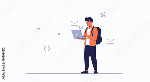 Young man with backpack using laptop, emails flying around, travel concept