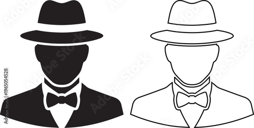 minimalist vector set of a gentleman wearing a fedora hat and bow tie, featuring solid black silhouette and line art outline styles for vintage or classic branding.