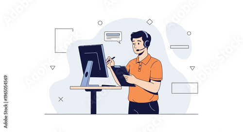 Customer service agent with headset and clipboard at computer, online support concept
