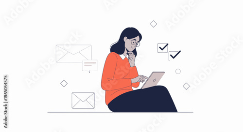 Woman working on laptop, planning, checking tasks, email, business concept illustration