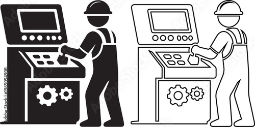 minimalist vector set of a factory worker operating a CNC control panel machine, featuring solid black silhouette and line art styles for industrial manufacturing.