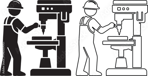 minimalist vector set of a factory worker operating a heavy duty drill press machine, featuring solid black silhouette and line art styles for industrial manufacturing.