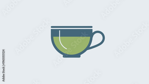 A minimalist flat design illustration of a dark blue teacup filled with vibrant green liquid, possibly representing green tea or a healthy beverage.