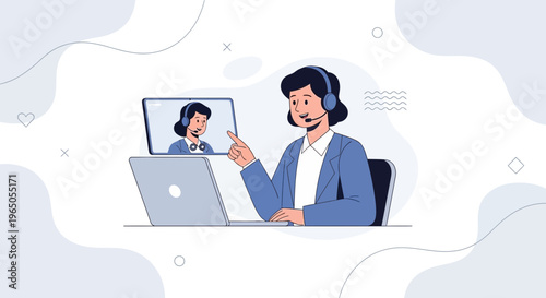 Customer service agent with headset on video call, laptop and tablet screen