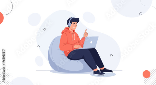 Young man with headphones on beanbag chair using laptop, flat design illustration