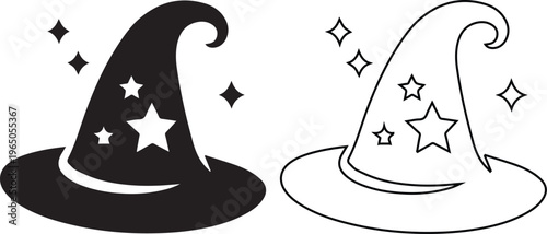 minimalist vector set featuring a magical witch hat with star details, shown in both solid black silhouette and line art outline styles for Halloween or fantasy designs.