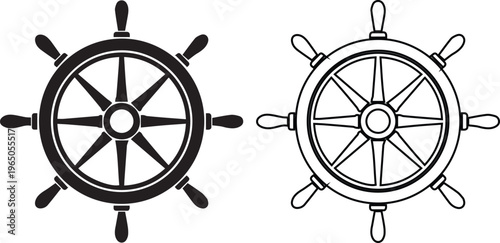 minimalist vector set featuring a solid black silhouette and a detailed line art outline of a vintage nautical ship wheel, perfect for maritime and naval sailing logos.