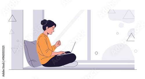 Woman working on laptop on windowsill, comfortable home office, remote work concept
