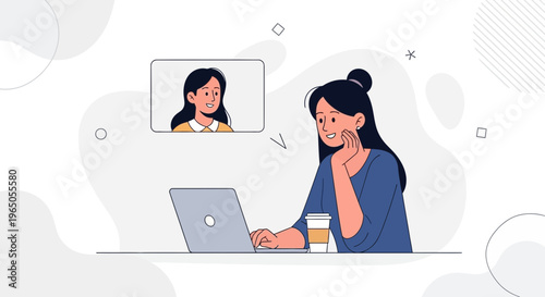 Woman video calling on laptop with coffee, online communication concept