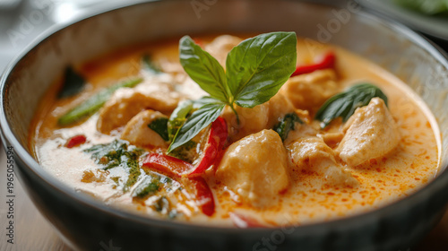 Thai curry with coconut swirl, shallow depth of field, restaurant vibe. --ar 16:9 --v 6.1 Job ID: b9e273db-1d28-4aff-94af-742a3e0849f3