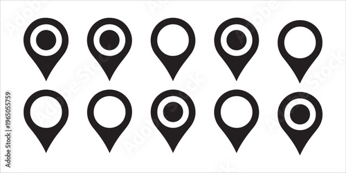 Collection of ten bold black location pins in different styles, perfect for mapping and wayfinding.
