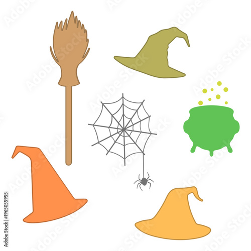 Colorful Witch Item, Spider and Web Icon Set
