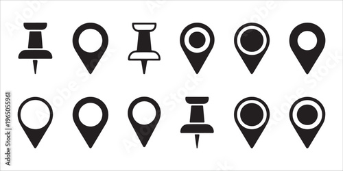Pushpin and location marker icon collection with map pins and navigation point vector signs.