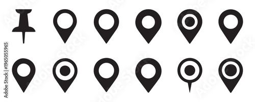 Set of 10 map pointer icons and location pin signs, including pushpin, different shapes.