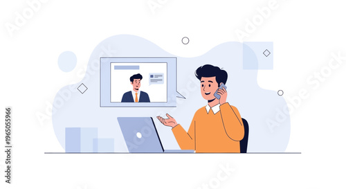 Man on Phone Call with Laptop and Video Conference Screen, Business Communication