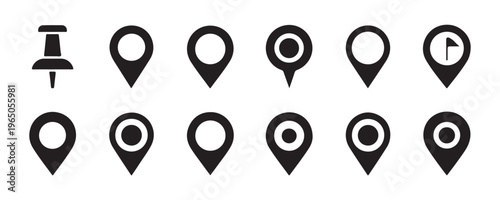 Set of 10 map pointer icons and location pin signs, including pushpin and flag, black color.