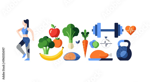 Healthy Lifestyle: Fitness Woman, Fresh Foods, and Exercise Equipment