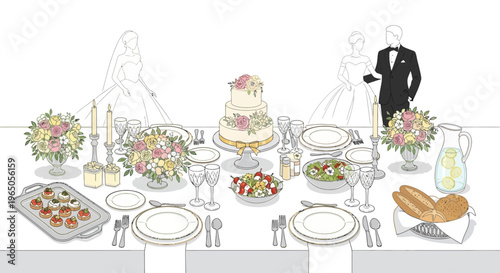 Elegant Wedding Reception Table Setting with Bride and Groom Silhouettes
