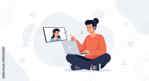 Young person in headphones video calling on laptop, remote work concept