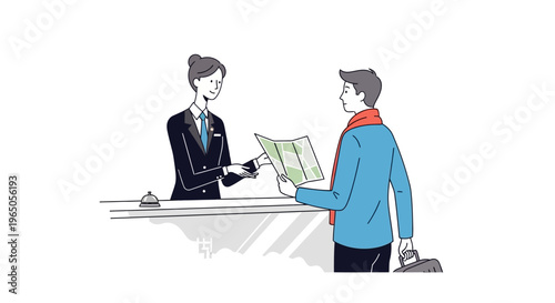 Hotel Receptionist Giving Map to Tourist at Counter - Illustration