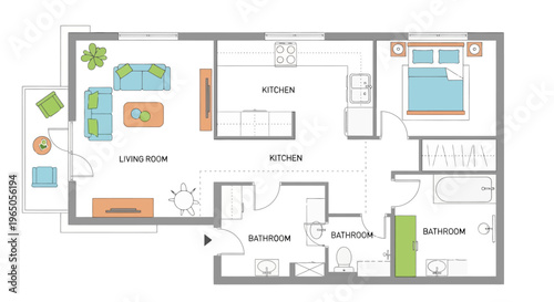 Modern Apartment Floor Plan Layout: Living Room, Kitchen, Bedroom, Bathroom