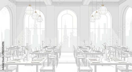 Minimalist architectural drawing of a grand dining hall with city skyline view