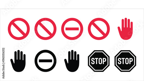 Red prohibition signs and stop hand symbol collection vector.