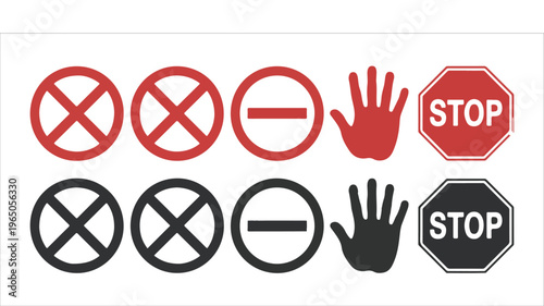 Red and black prohibition signs and stop hand symbol set.