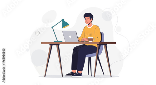 Man working on laptop at desk with lamp and coffee, modern home office setup