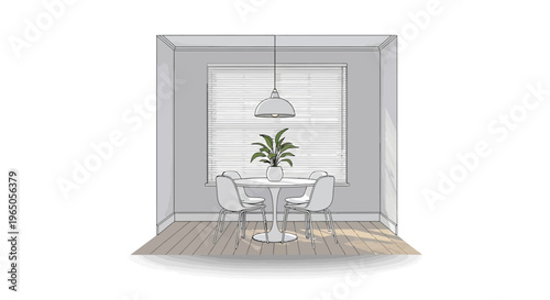 Cozy Dining Nook: Small Table, Chairs, Plant, Window with Blinds, Modern Interior Sketch