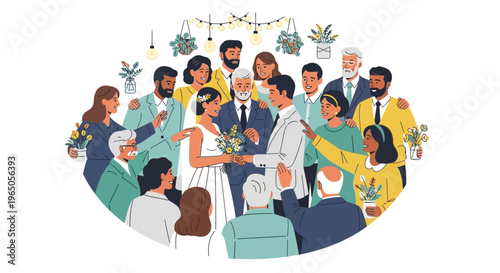 Diverse wedding party celebrating couple's union with joy and love