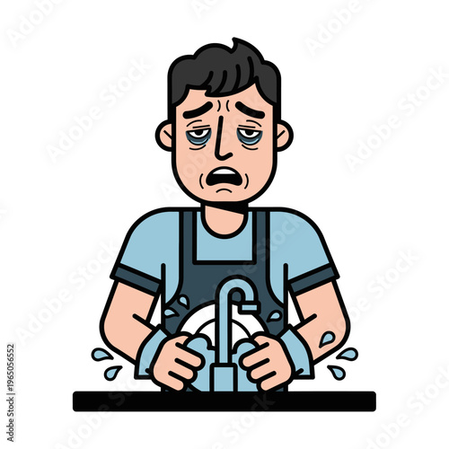Exhausted Man Washing Dishes Overwhelmed Tired Housework Chore Sink