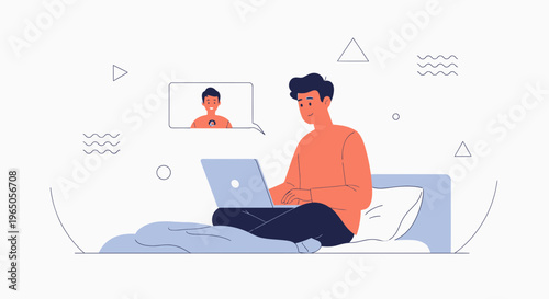 Man video calling on laptop while sitting on bed, remote communication concept