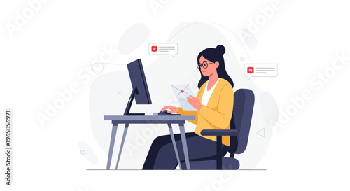 Woman working at computer, checking documents, notifications popping up