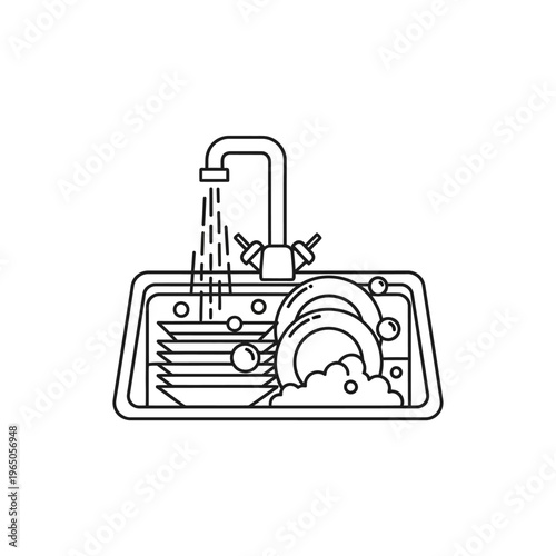 Kitchen Sink Overflowing with Dirty Dishes and Bubbles, Water Flowing from Faucet