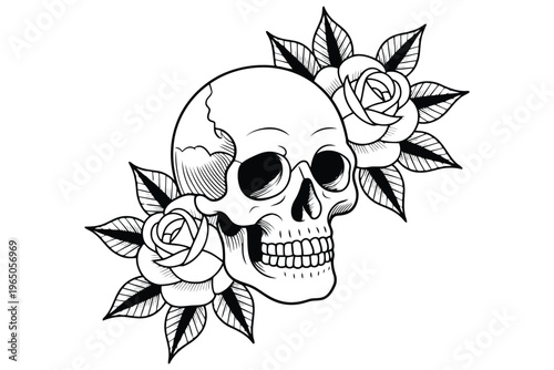Black and white of a skull surrounded by roses flowers death