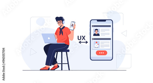 UX designer working on app interface on laptop and phone, user experience concept