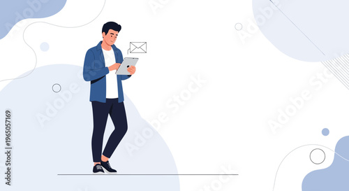 Man checking email on tablet, digital communication concept, modern flat illustration