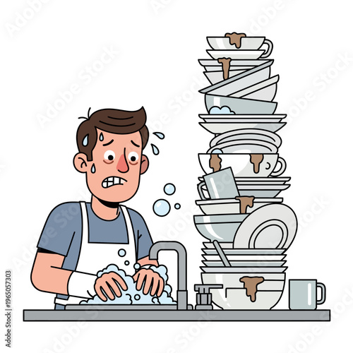 Man overwhelmed by huge pile of dirty dishes, washing up at sink