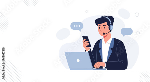 Customer service agent with headset and phone, working on laptop, communication concept