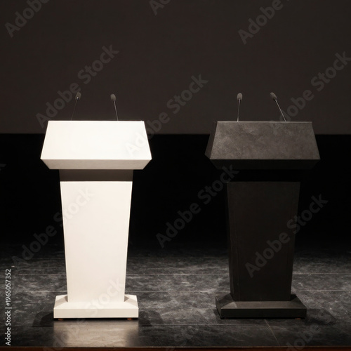 Contrasting podiums in light and shadow representing political duality opposition narratives and power struggle within leadership communication systems