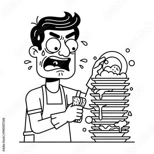 Man overwhelmed by pile of dirty dishes, scrubbing with sponge, stressed expression