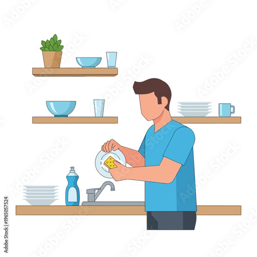 Man washing dishes in kitchen sink with sponge and detergent, domestic chores