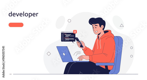 Young developer working on laptop and phone, coding on screen, modern workspace