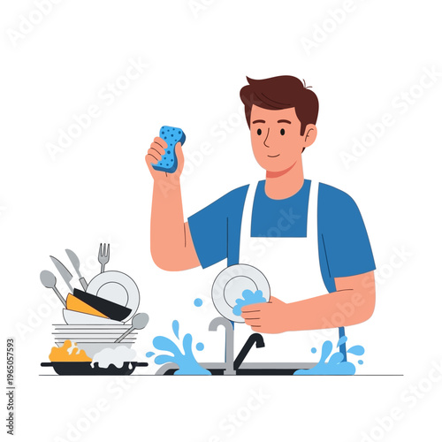 Man Washing Dishes in Sink with Sponge, Kitchen Chores, Housework, Hygiene