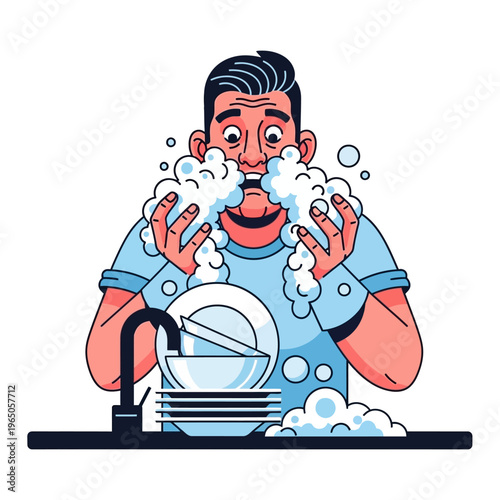 Man Washing Dishes With Abundant Soap Suds and Bubbles