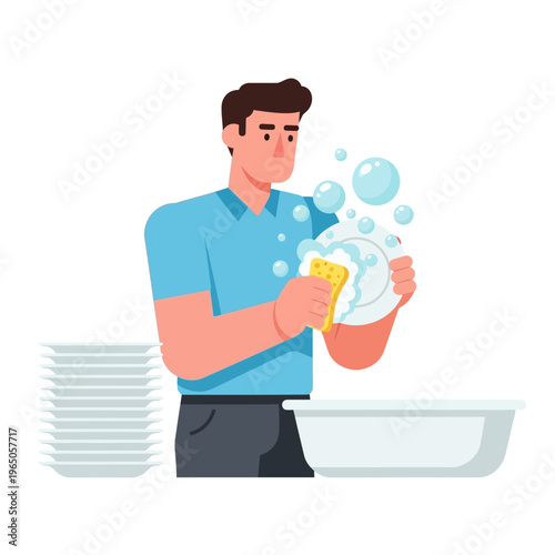 Man washing dishes, domestic chores, cleaning plates with sponge and soap bubbles