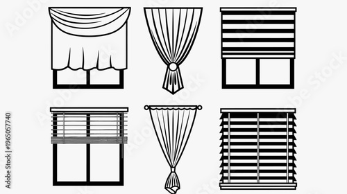 Outlined illustration featuring various window coverings; curtains and blinds on windows