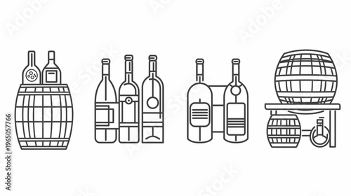 Line-art illustration of wine bottles and barrels, evoking a classic winery aesthetic